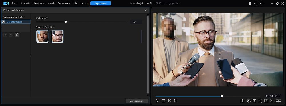 Gesichter in Videos in PowerDirector 365 automatisch verpixeln