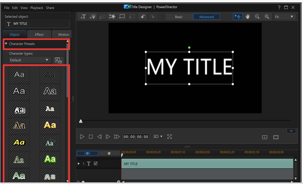 PowerDirector Interface - Text Presets