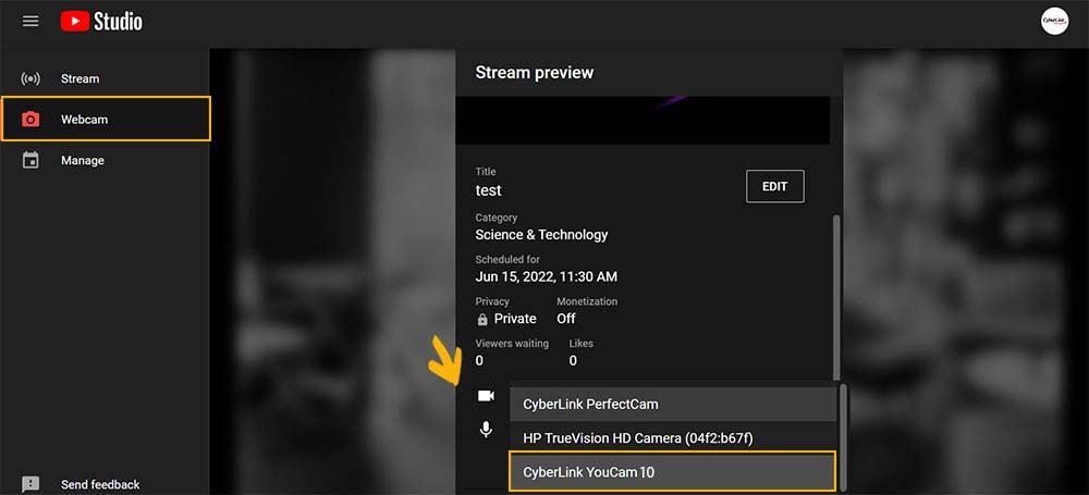 Youcam - YoutubeLive settings