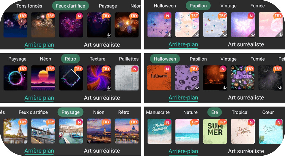 Apercu de quelques modèles de fond disponibles dans l'application PhotoDirector