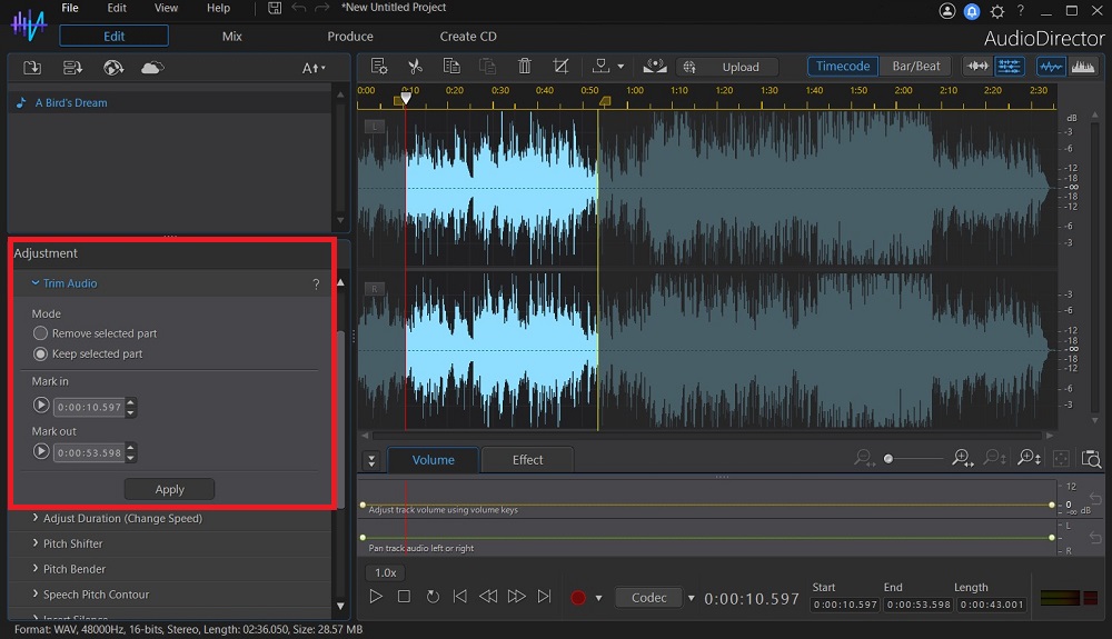 AudioDirector Interface - Trim Audio