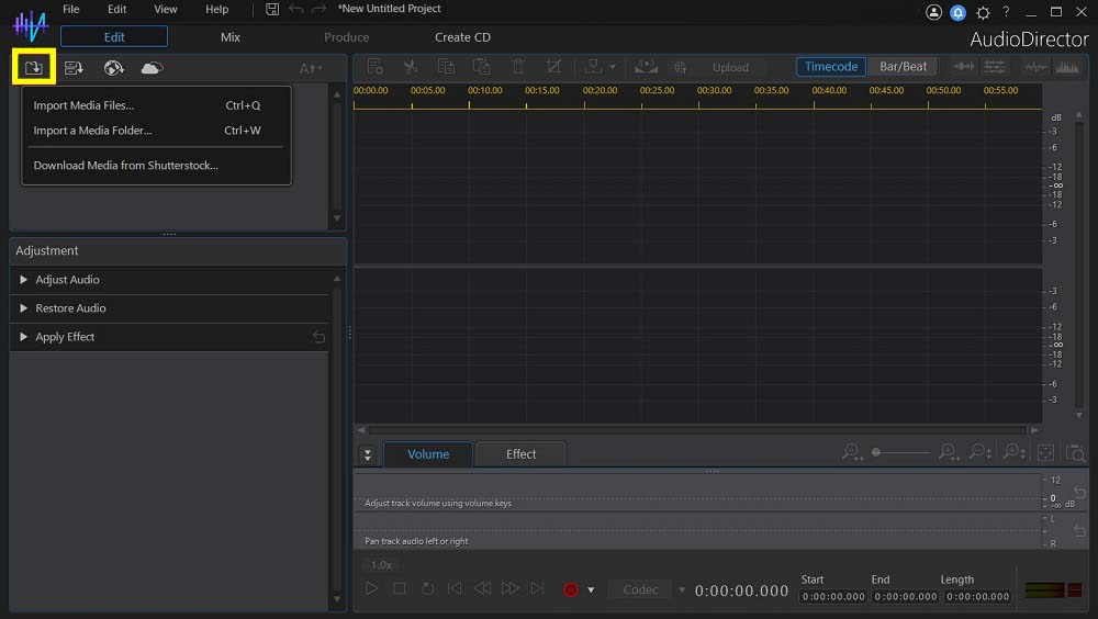 AudioDirector Interface - Import