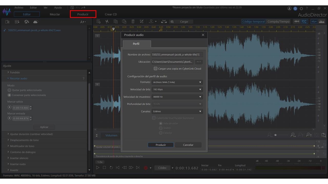 AudioDirector - Exporta tu archivo editado