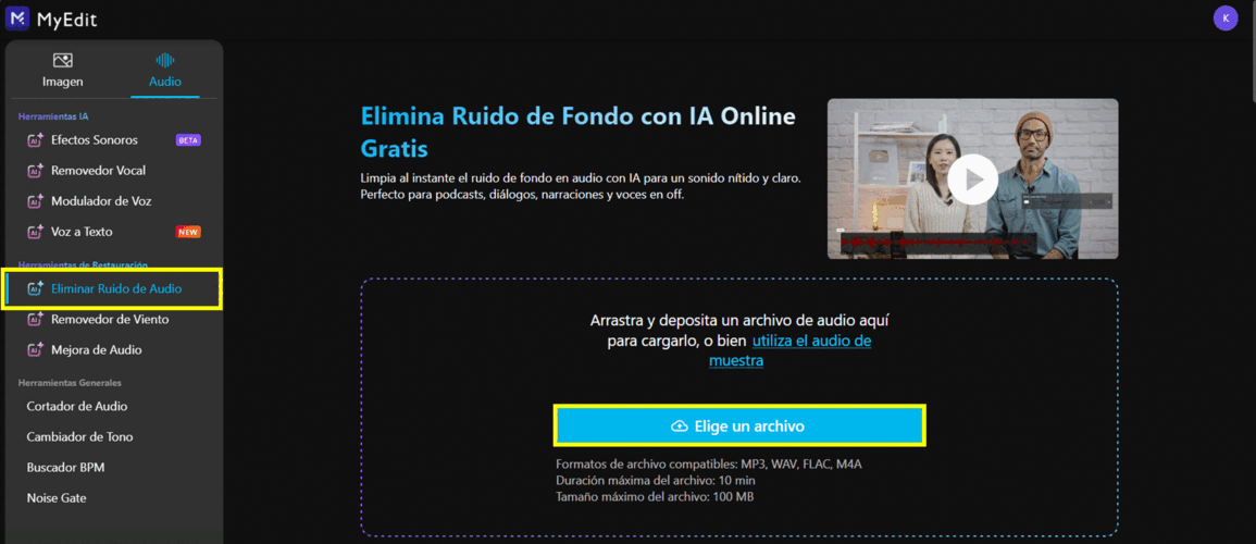 MyEdit Interfaz - eliminar ruido de audio con IA