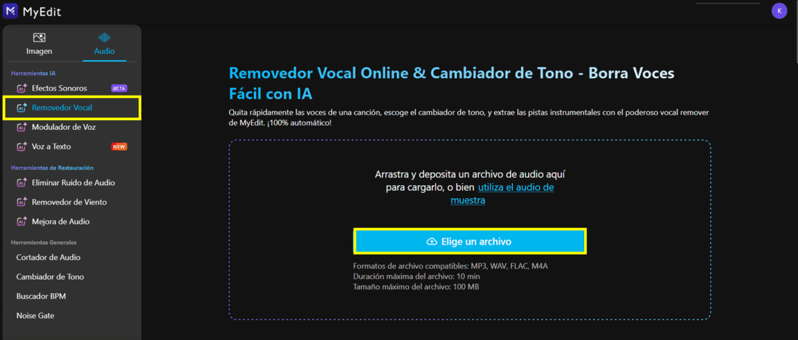 MyEdit Interface - eliminar voces de un audio con IA