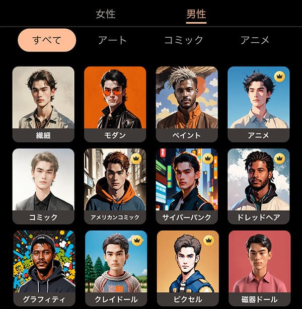 PhotoDirector アートアバターの男性スタイル