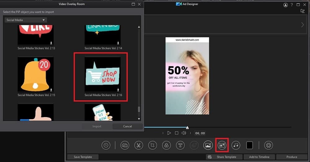 PowerDirector - Ad Designer Add Sticker interface