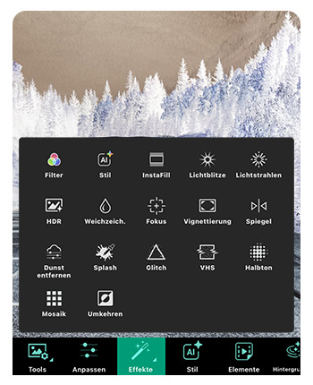 PhotoDirector App - Effekte auswählen