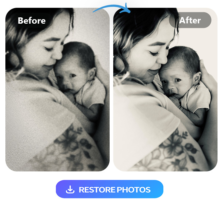 before and after of using PhotoDirector to restore an old photo of a mothing holding a baby
