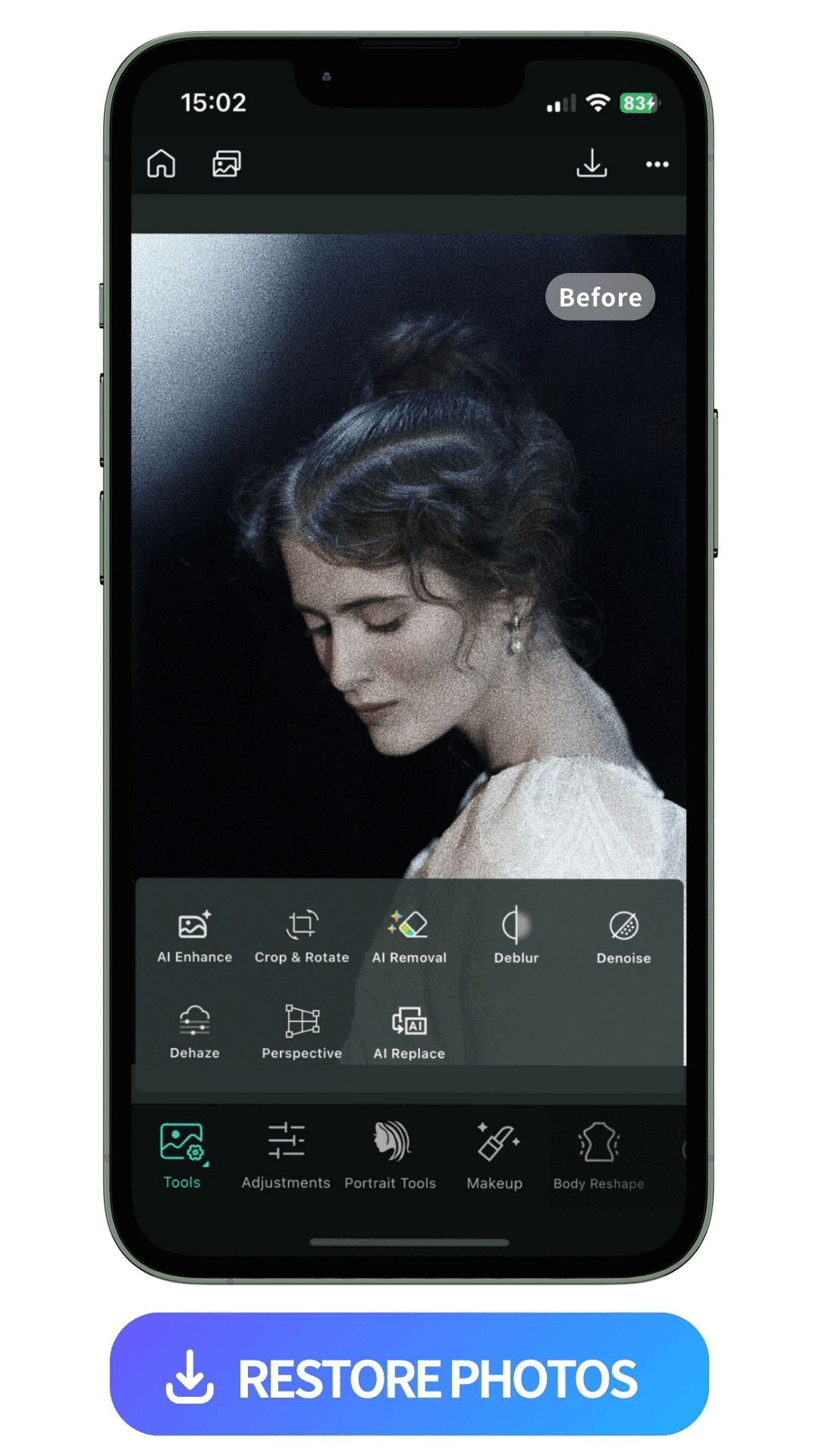 use PhotoDirector to restore an old photo of a woman with Denoise feature