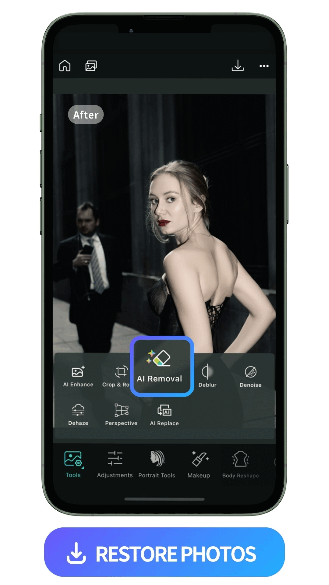 uuse PhotoDirector to restore an old photo of a woman with AI Removal feature