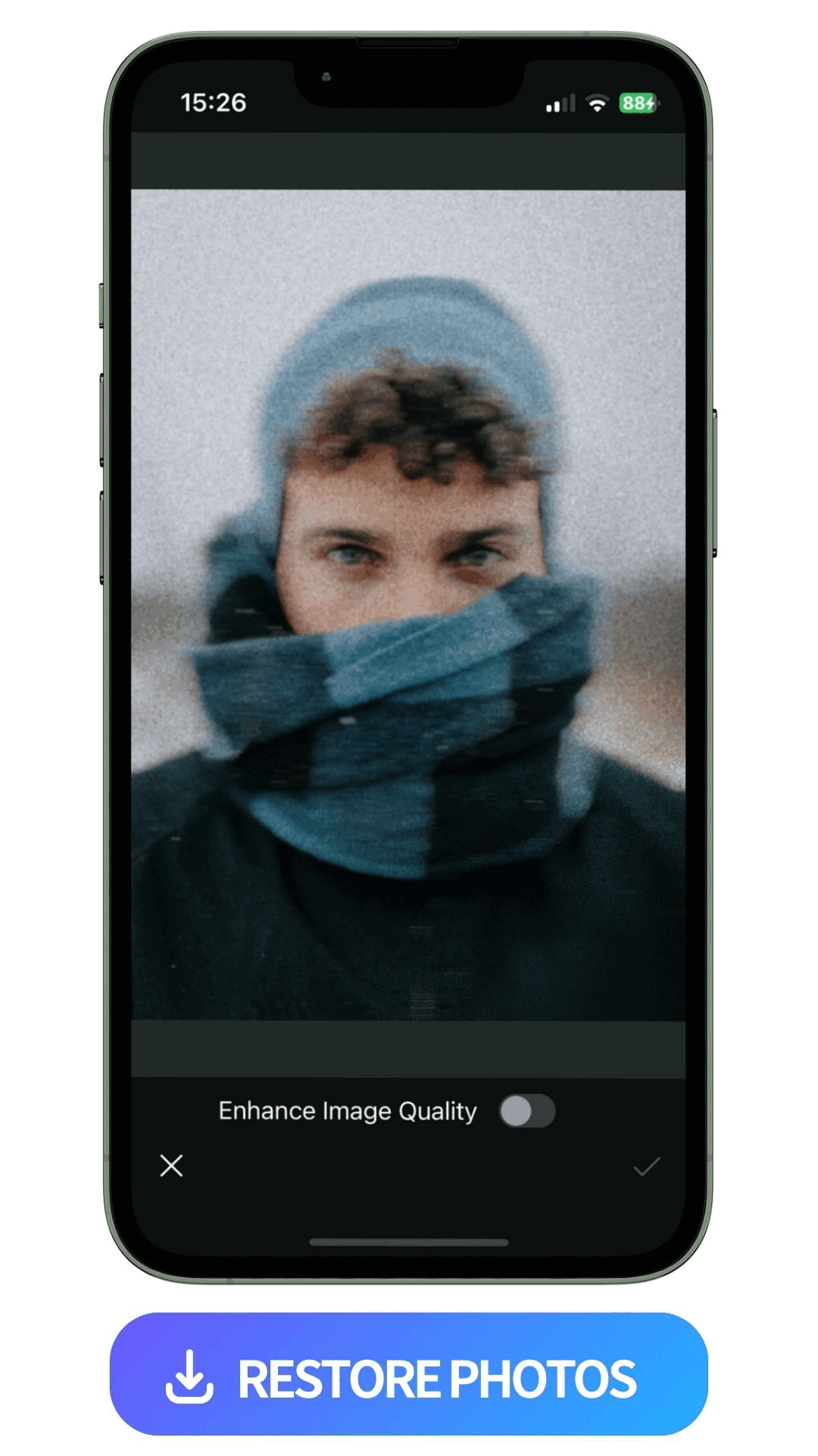 use PhotoDirector to restore an old photo of a man with a scarf covering his face with AI Enhance feature