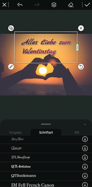 PhotoDirector App - Valentinsgrüße einfügen