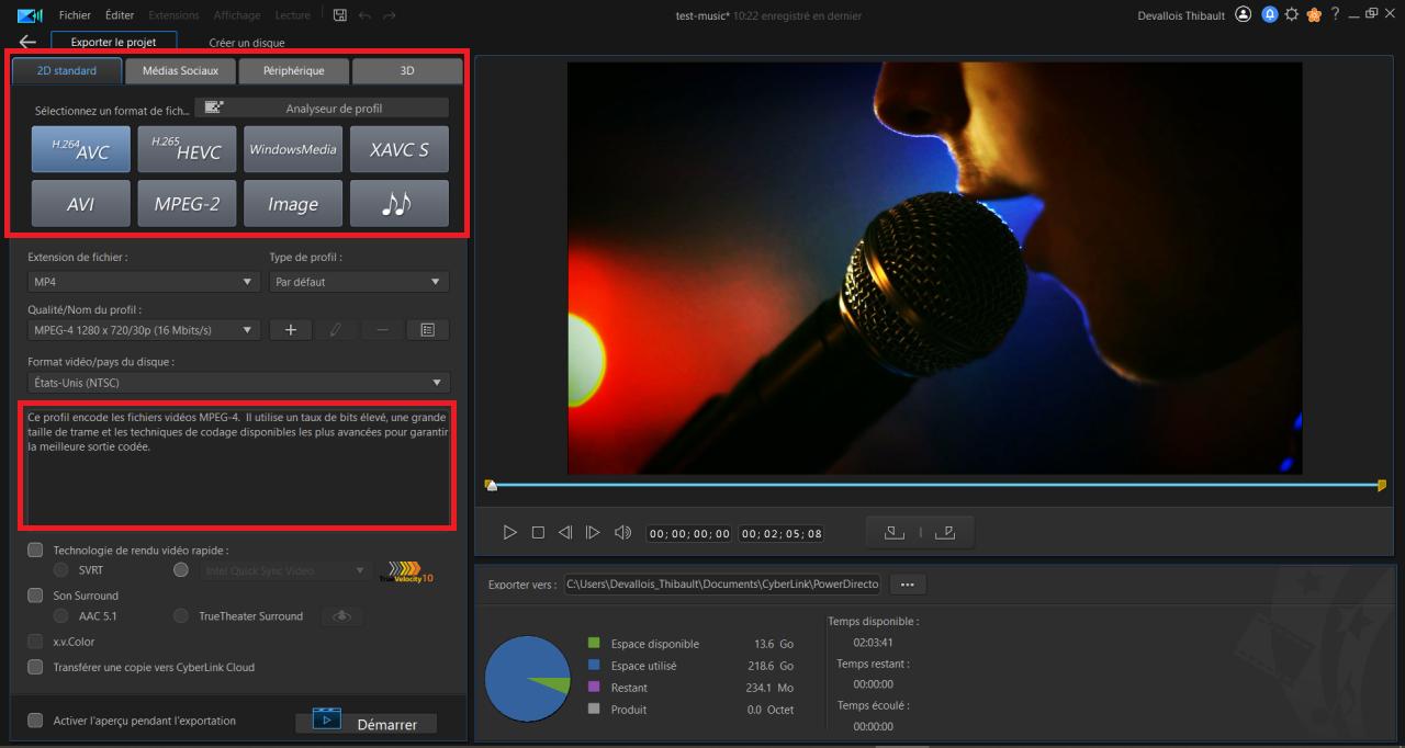 powerdirector interface export format fichier video