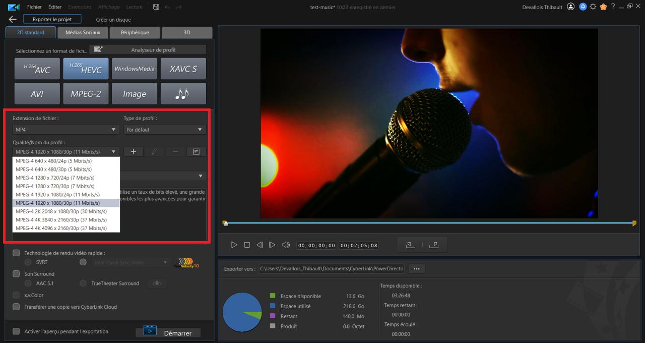 powerdirector interface export format fichier video