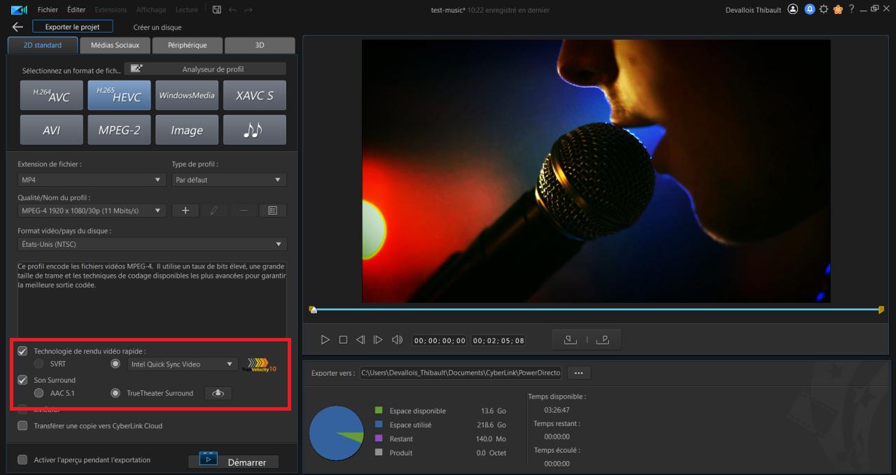 powerdirector interface export format fichier video
