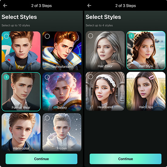 Generating Headshots with PhotoDirector's AI Headshot Generator. With PhotoDirector's AI headshot generator, users have access to over 30 AI styles to choose from. They can select up to 10 styles at once, but it is recommended to focus on styles that will result in great headshots. For instance, if the gender chosen is male, selecting the Formal Wear style will put the individual in a business suit. After selecting the desired styles, tapping Continue will initiate the generation process, and PhotoDirector will generate new headshots based on the selected styles.