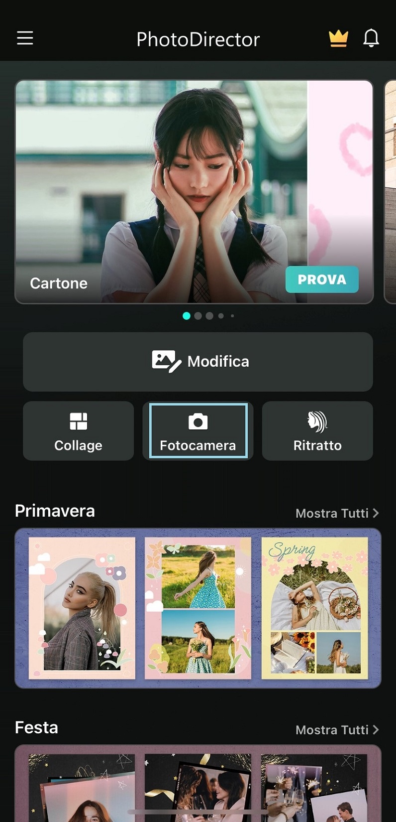 Lanciare PhotoDirector e toccare la fotocamera per scattare le fototessere