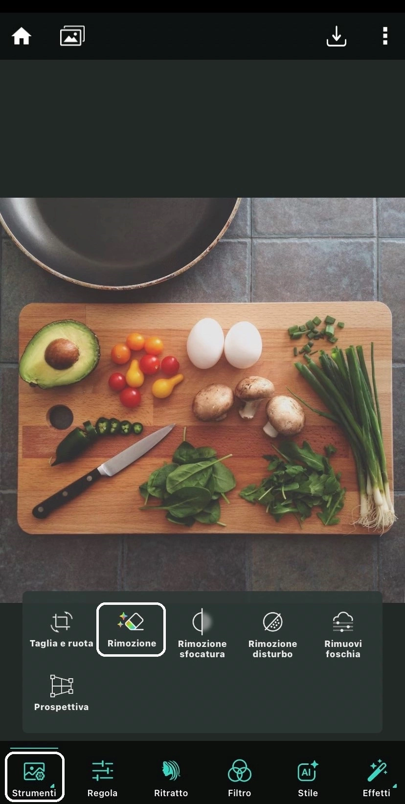 Scegli Strumenti e quindi tocca l'icona Rimuovi