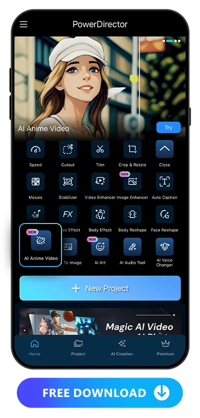 launcher of PowerDirector and highlight AI Anime Video feature icon