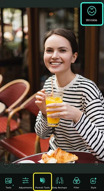 PhotoDirector App - Tap Portrait Tools and Choose Wrinkle