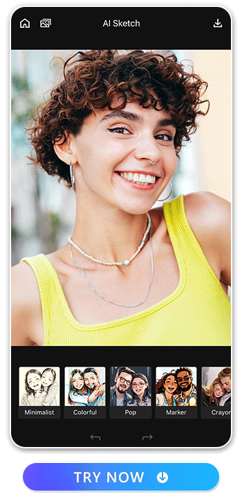 a woman in curly hair photo transformed to 5 different sketch styles with Vivid AI