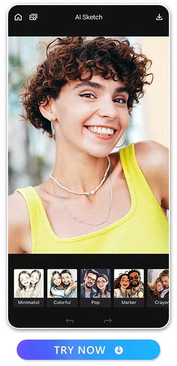 a woman in curly hair photo transformed to 5 different sketch styles with Vivid AI