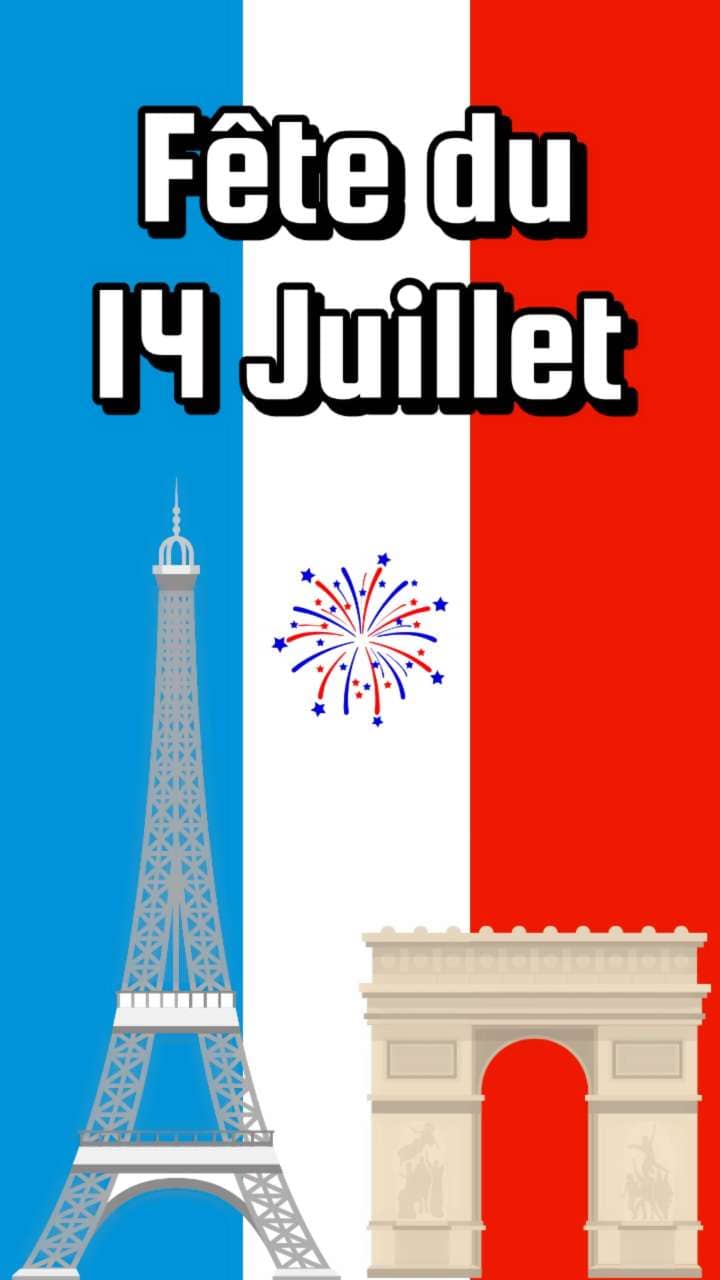 Modèle de carte pour le 14 juillet - visuel d'une illustration du drapeau francais, de la tour eiffel et de l'arc de triomphe