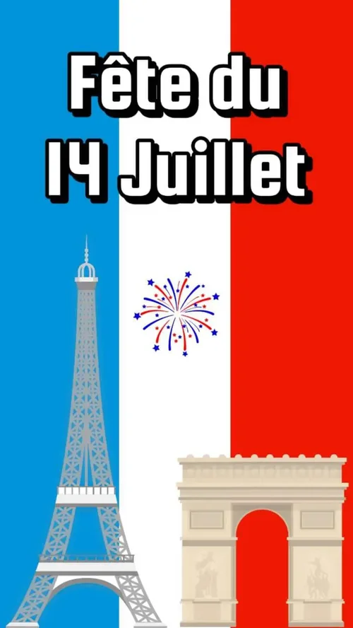 Modèle de carte pour le 14 juillet - visuel d'une illustration du drapeau francais, de la tour eiffel et de l'arc de triomphe