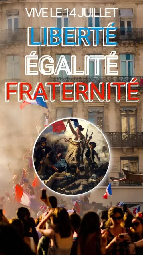 Modèle de carte pour le 14 juillet - visuel montrant la revolution avec prise de la bastille et defile