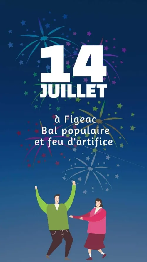 Modèle d'affiche et flyer pour le 14 juillet - invitation au bal populaire avec personnage dessin anime