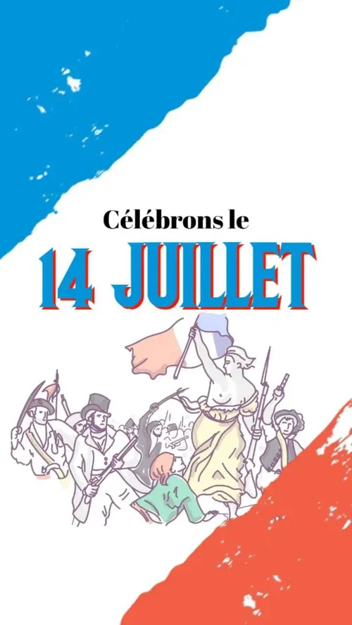 Modèle de carte pour le 14 juillet - visuel d'une illustration du drapeau francais et des revolutionnaires