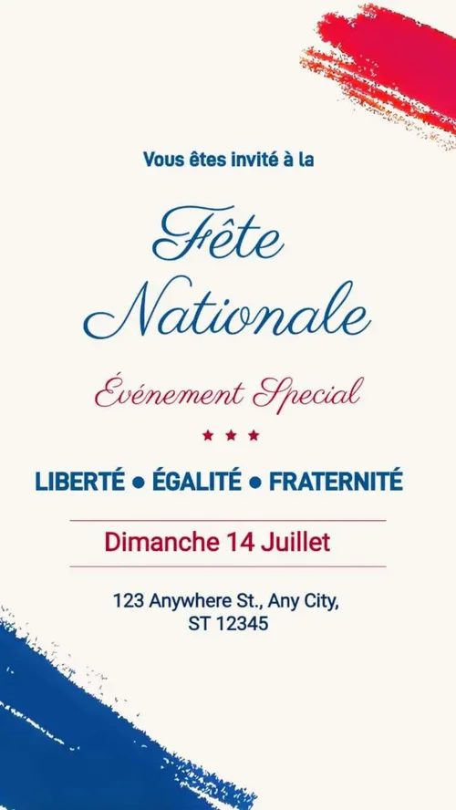 Modèle d'affiche et flyer pour le 14 juillet - Événement spécial, repas, banquet avec invitation sobre bleu blanc rouge