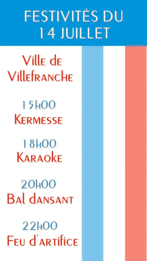 Modèle d'affiche et flyer pour le 14 juillet - Programme des festivités pour le 14 juillet, kermess, karaoke, balle dansant et feu d'artifice