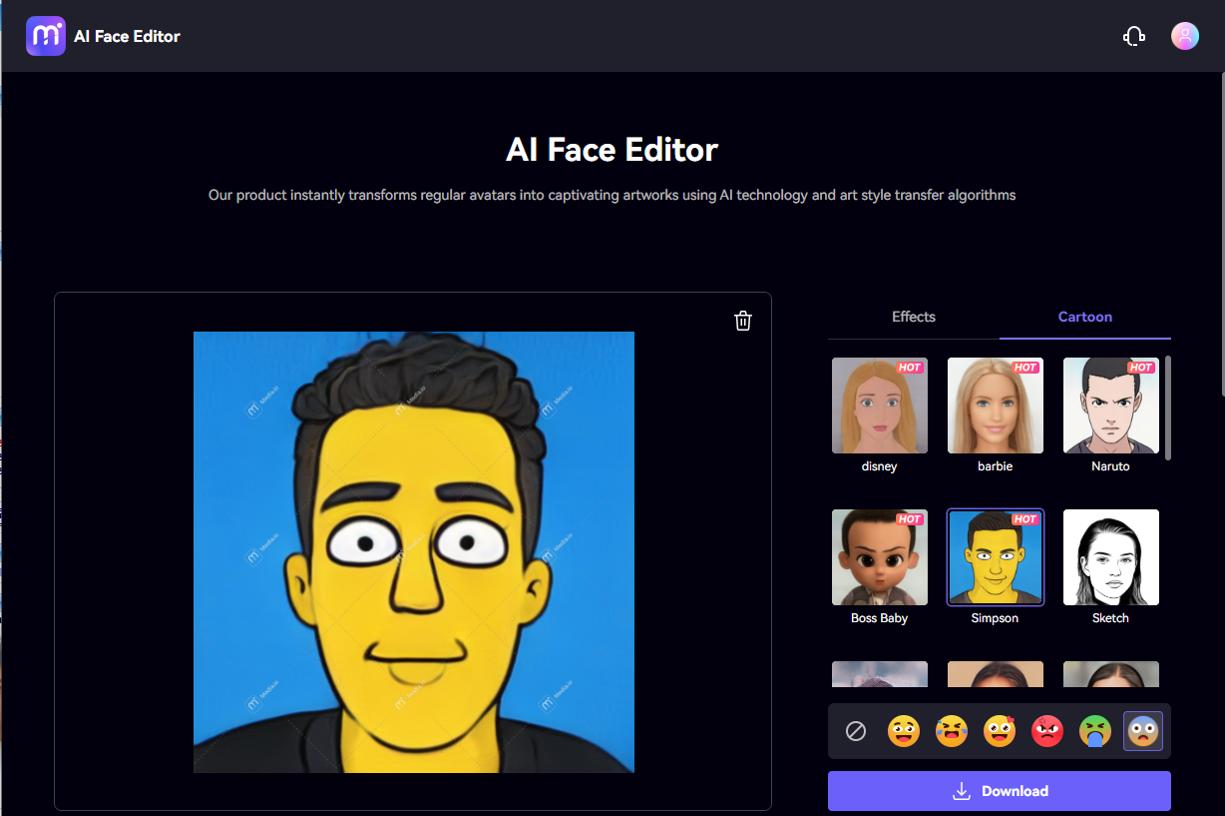 Media.io - Transformation en photo cartoon avec choix de l'expression du visage