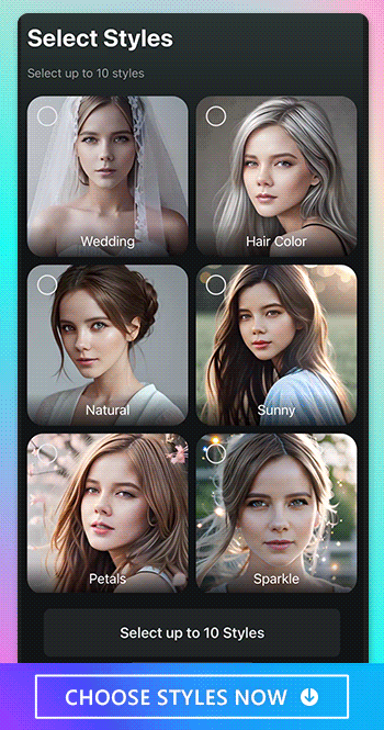 Choose different AI Avatar styles from 4 categories. Such as petals, sparkle, or watercolor and tap Continue to create your own Avatars.
