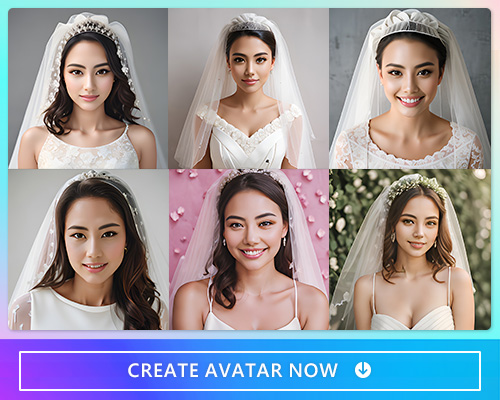 Collection of wedding dress styles in the avatar maker app. This image showcases a variety of wedding dress styles, including traditional, lacy dresses, long veils, and strapless dresses with different bodice designs. Explore the app to find the perfect wedding dress style that suits your preference.
