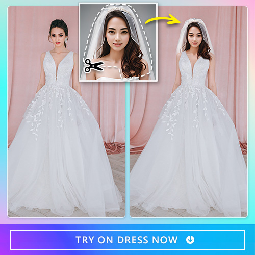 Try on different dress styles using PhotoDirector's image cutout feature. Upload your own photos or choose from the collection of dress images available. Use the cutout feature to put your head on the selected dress style and visualize yourself wearing it. This allows you to see how the dress flatters your face and imagine yourself walking down the aisle. Discover the perfect dress style with PhotoDirector's dress try-on feature.