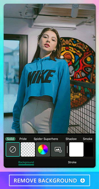 Example: Background removal feature in PhotoDirector. The image showcases the app's user-friendly interface and advanced features for removing backgrounds from images. It demonstrates the ability to switch between different backgrounds for creative editing options.