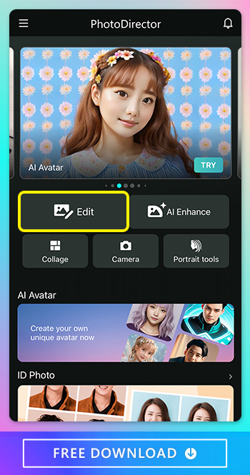 PhotoDirector's Reshape Body Feature: Achieve Your Desired Body Shape. On PhotoDirector's launch screen, you'll find various options and featured designs and tools. Tap the Edit button to access the body reshaping feature and sculpt your body into an hourglass figure. This will take you to the photo selection area where you can begin using the reshape tools. With PhotoDirector's advanced body reshaping capabilities, you can easily achieve your desired body shape and enhance your appearance.