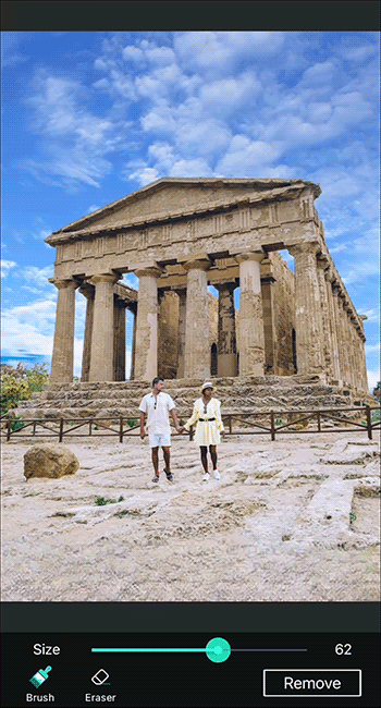 Effortlessly Remove Unwanted Elements with Precision in PhotoDirector. Using the removal tools in PhotoDirector, you can easily brush on the areas you want to remove, adjusting the brush width as needed. The eraser tool allows you to make further adjustments to the removal area. Tap the upper icon to view the before and after effect, ensuring a seamless removal process for unwanted elements in your photos.