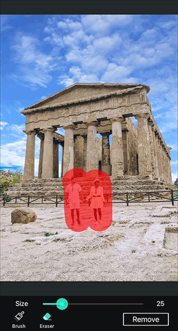 Effortlessly Remove Unwanted Elements with Precision in PhotoDirector. Using the removal tools in PhotoDirector, you can easily brush on the areas you want to remove, adjusting the brush width as needed. The eraser tool allows you to make further adjustments to the removal area. Tap the upper icon to view the before and after effect, ensuring a seamless removal process for unwanted elements in your photos.
