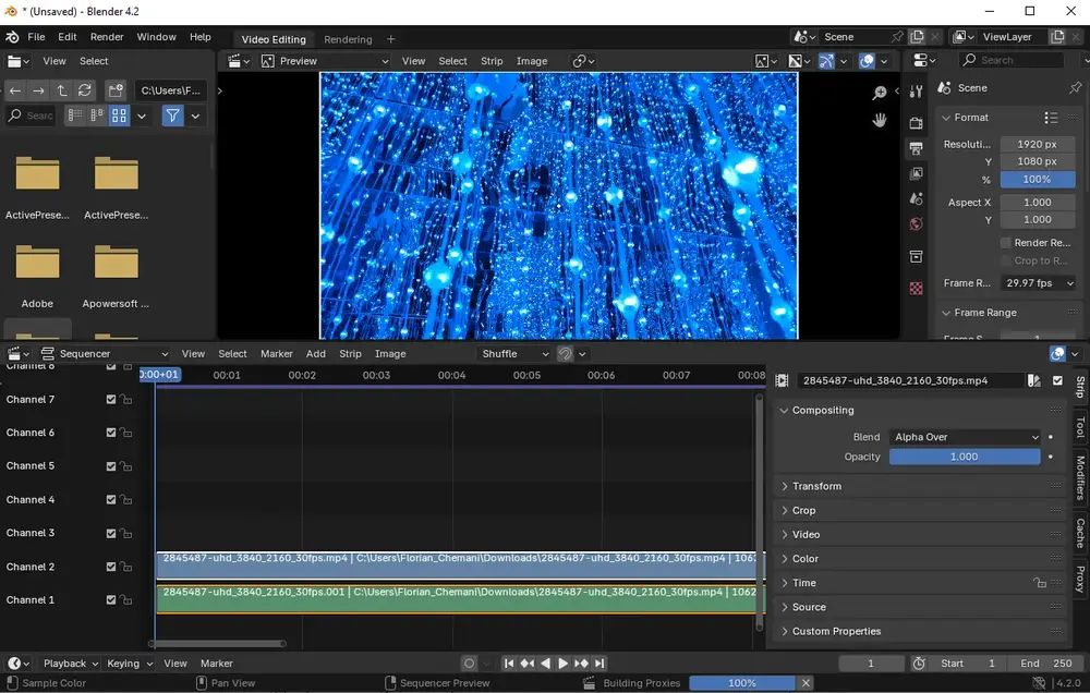 Die Videoschnittoberfläche von Blender mit Medien, Kanälen, Compositing und Vorschaufenster