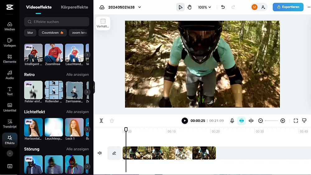 CapCut Browserversion mit dem Vorschaufenster und Zeitleiste rechts, links verschiedene Effektvorlagen