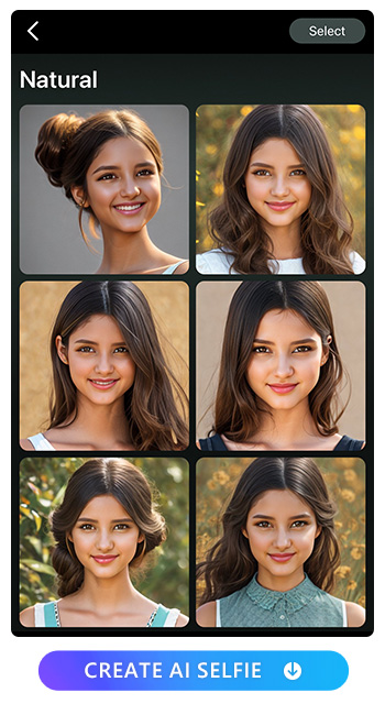 Natural Style. Collage the AI selfies together to create a stunning composition, share them with others to showcase your creativity, or download them to your album for safekeeping. Explore the possibilities and enjoy the results of your AI selfie journey with PhotoDirector.