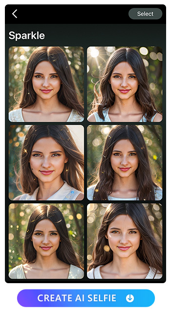 Sparkle Style. Collage the AI selfies together to create a stunning composition, share them with others to showcase your creativity, or download them to your album for safekeeping. Explore the possibilities and enjoy the results of your AI selfie journey with PhotoDirector.