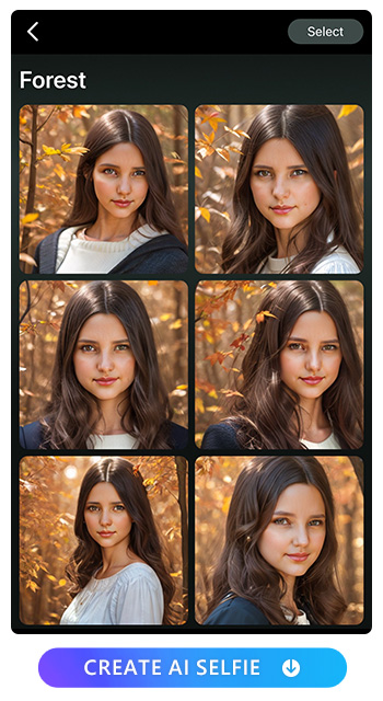 Forest Style. Collage the AI selfies together to create a stunning composition, share them with others to showcase your creativity, or download them to your album for safekeeping. Explore the possibilities and enjoy the results of your AI selfie journey with PhotoDirector.