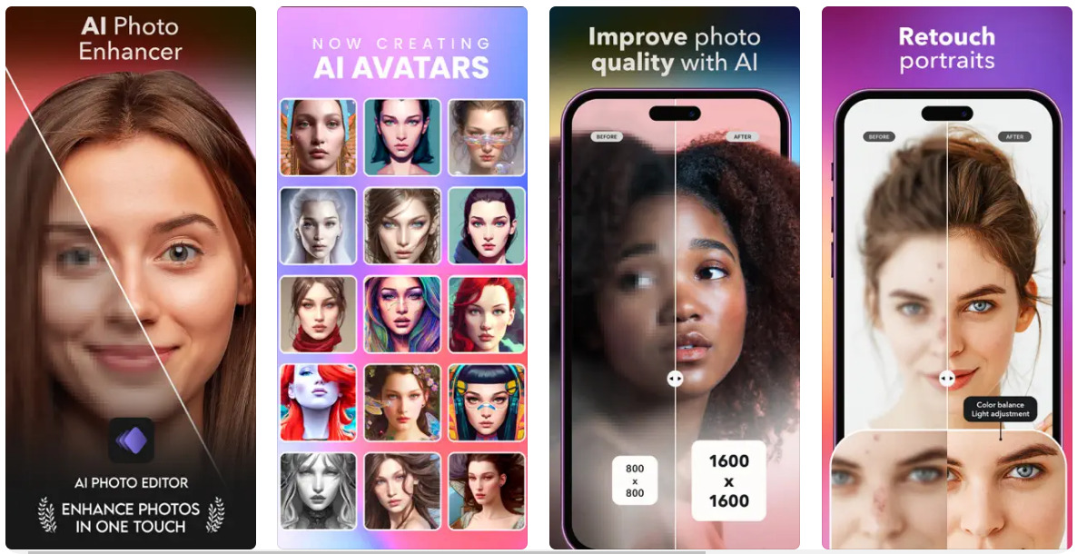 PhotoTune features including AI photo enhancer, AI Avatars, improve photo quality with AI and retouch portraits.