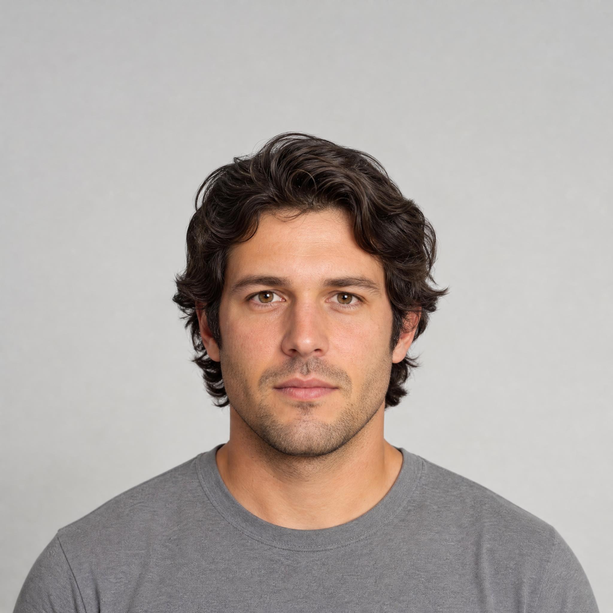 Retrato de partida de hombre con cabello castaño oscuro de longitud media sobre fondo gris claro