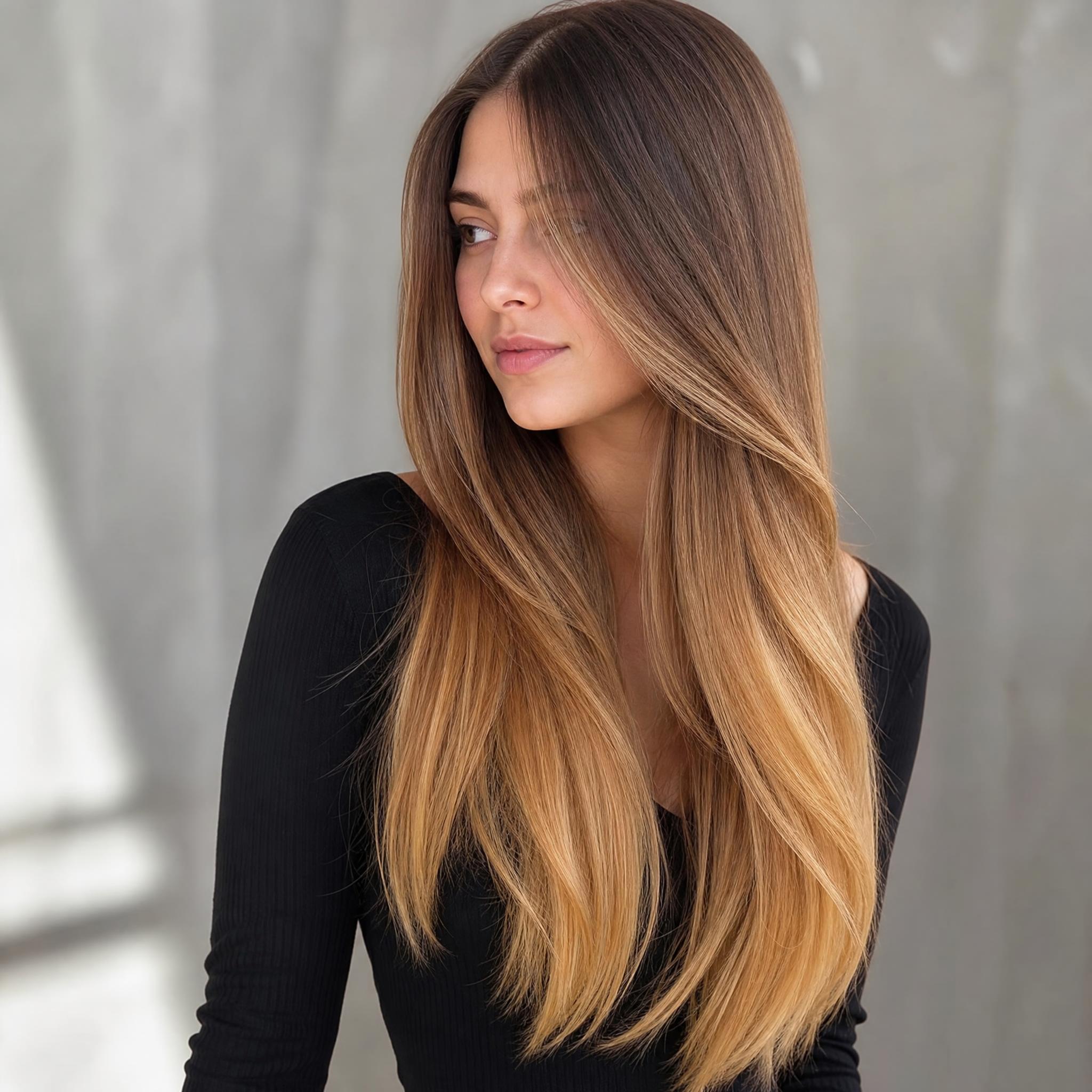 Imagen de referencia con melena en rubio caramelo y balayage de raíces oscuras a puntas miel
